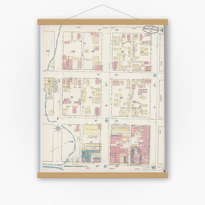 Old map wall art mockup — magnetic wood frame on white wall — Sanborn Fire Insurance Map from Marysville, Yuba County, California (1885), Sheet #0004