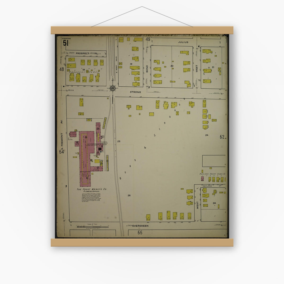Old map wall art mockup — magnetic wood frame on white wall — Sanborn Fire Insurance Map from Kenosha, Kenosha County, Wisconsin. (1918), Sheet 55