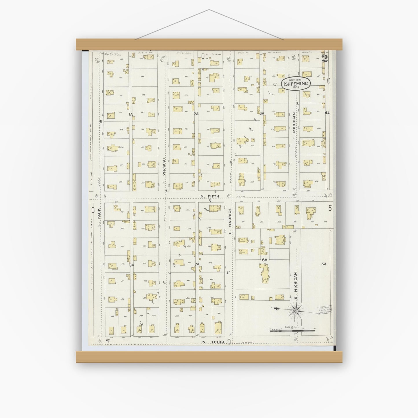 Old map wall art mockup — magnetic wood frame on white wall — Sanborn Fire Insurance Map from Ishpeming, Marquette County, Michigan (1897), Sheet #0002