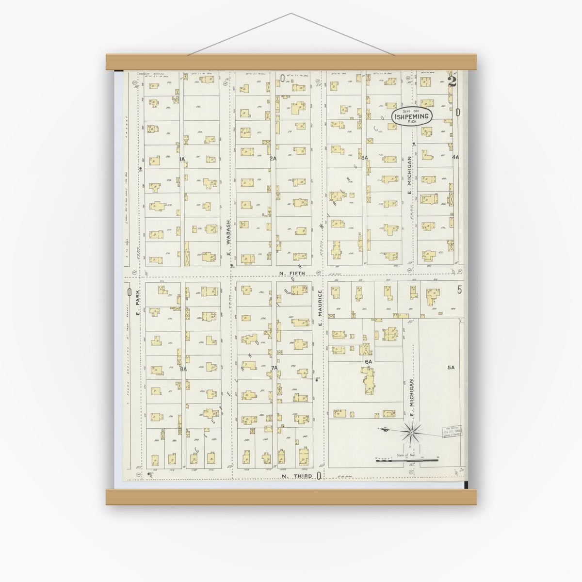 Old map wall art mockup — magnetic wood frame on white wall — Sanborn Fire Insurance Map from Ishpeming, Marquette County, Michigan (1897), Sheet #0002