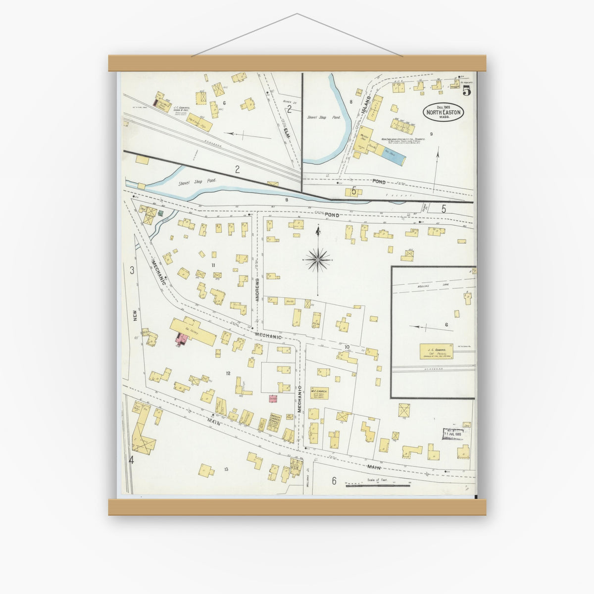 Old map wall art mockup — magnetic wood frame on white wall — Sanborn Fire Insurance Map from North Easton, Bristol County, Massachusetts (1903), Sheet #0005