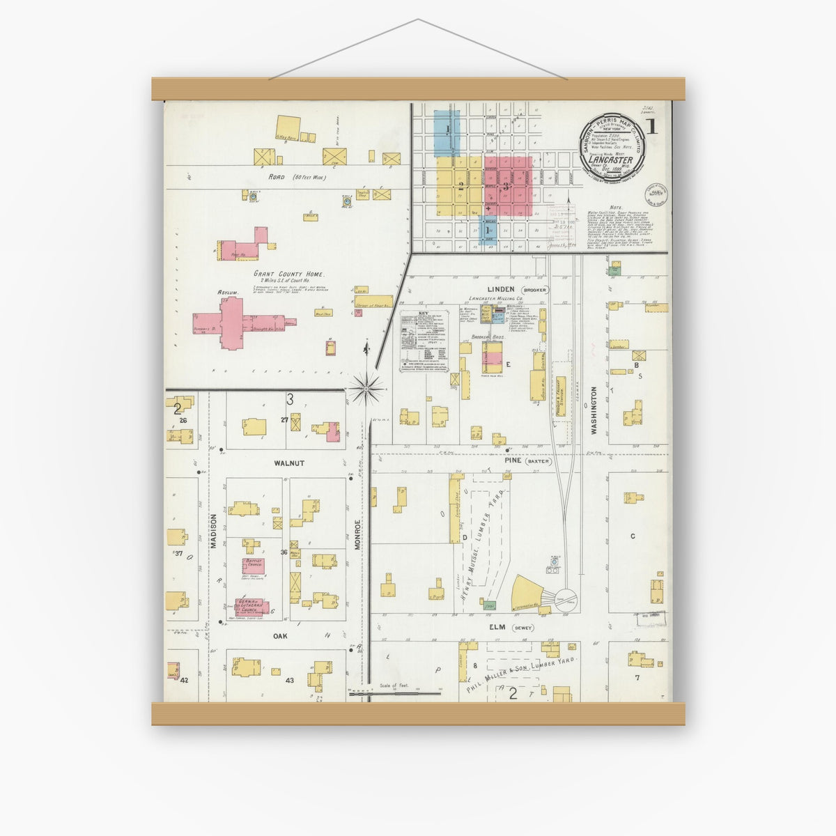 Old map wall art mockup — magnetic wood frame on white wall — Sanborn Fire Insurance Map from Lancaster, Grant County, Wisconsin (1899) - Complete Map Set