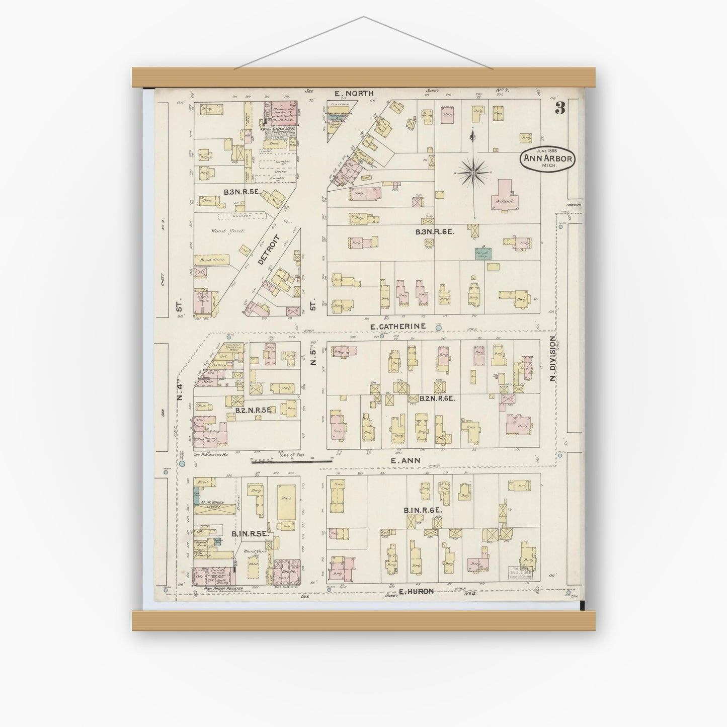 Old map wall art mockup — magnetic wood frame on white wall — Sanborn Fire Insurance Map from Ann Arbor, Washtenaw County, Michigan (1888), Sheet #0003