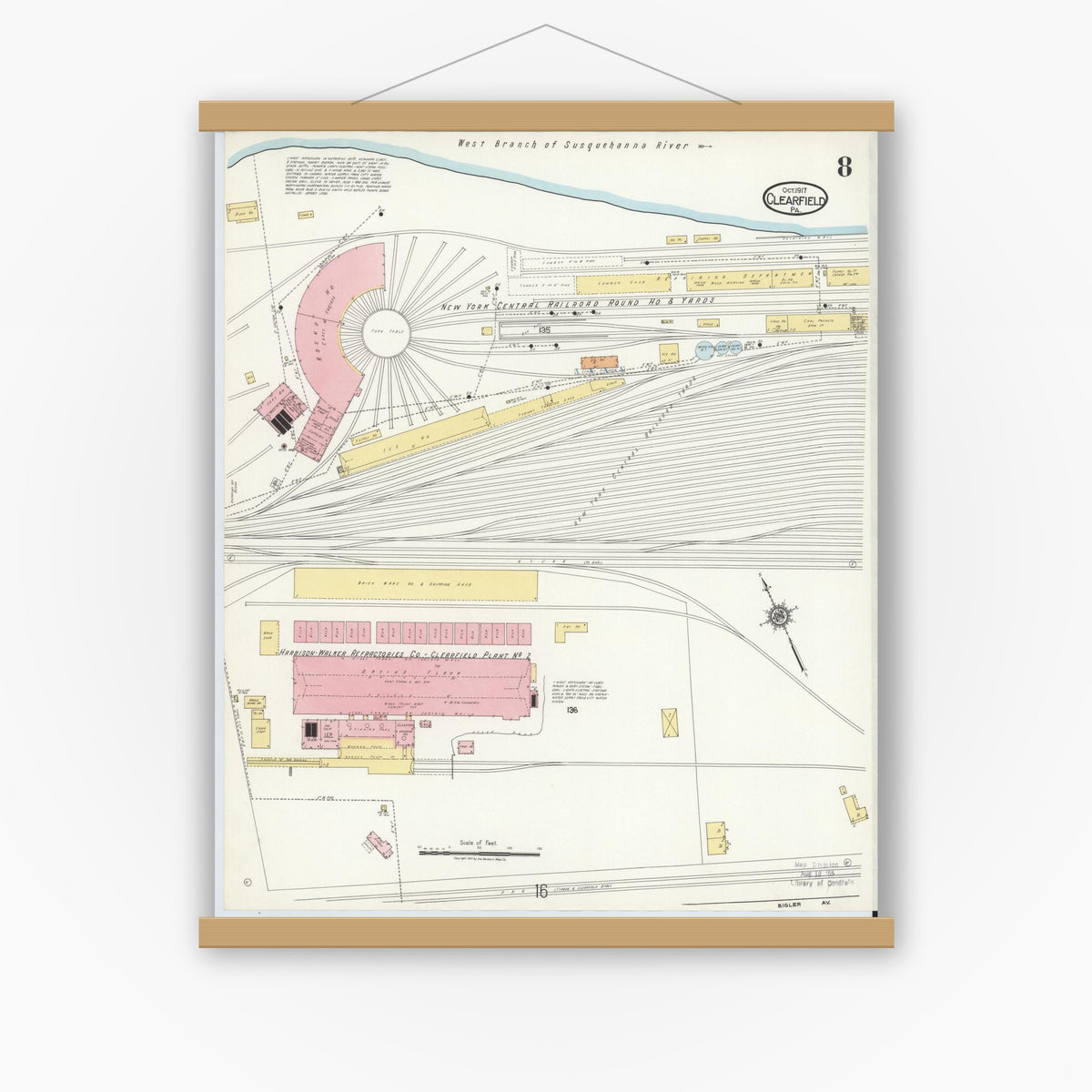 Old map wall art mockup — magnetic wood frame on white wall — Sanborn Fire Insurance Map from Clearfield, Clearfield County, Pennsylvania (1917), Sheet #0008
