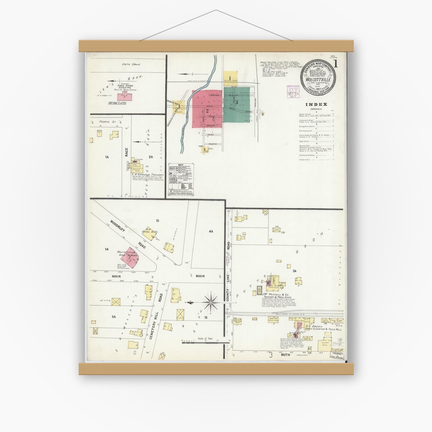 Old map wall art mockup — magnetic wood frame on white wall — Sanborn Fire Insurance Map from Wolcottville, Noble And LaGrange Counties, Indiana (1907) - Complete Map Set