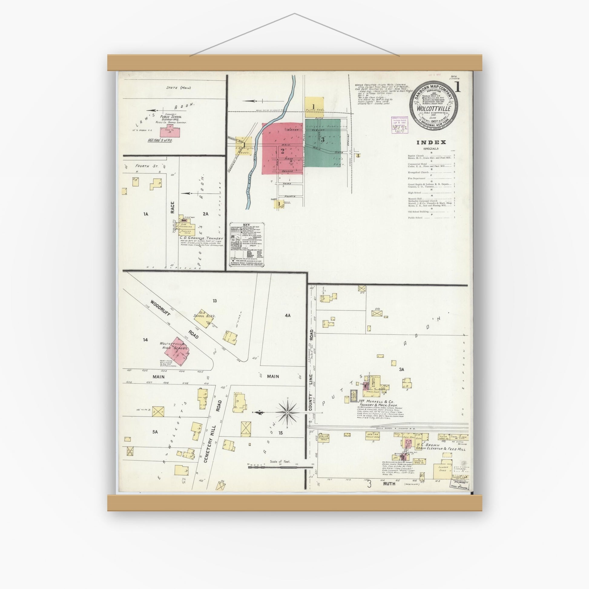 Old map wall art mockup — magnetic wood frame on white wall — Sanborn Fire Insurance Map from Wolcottville, Noble And LaGrange Counties, Indiana (1907) - Complete Map Set