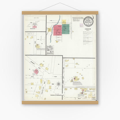Old map wall art mockup — magnetic wood frame on white wall — Sanborn Fire Insurance Map from Wolcottville, Noble And LaGrange Counties, Indiana (1907) - Complete Map Set