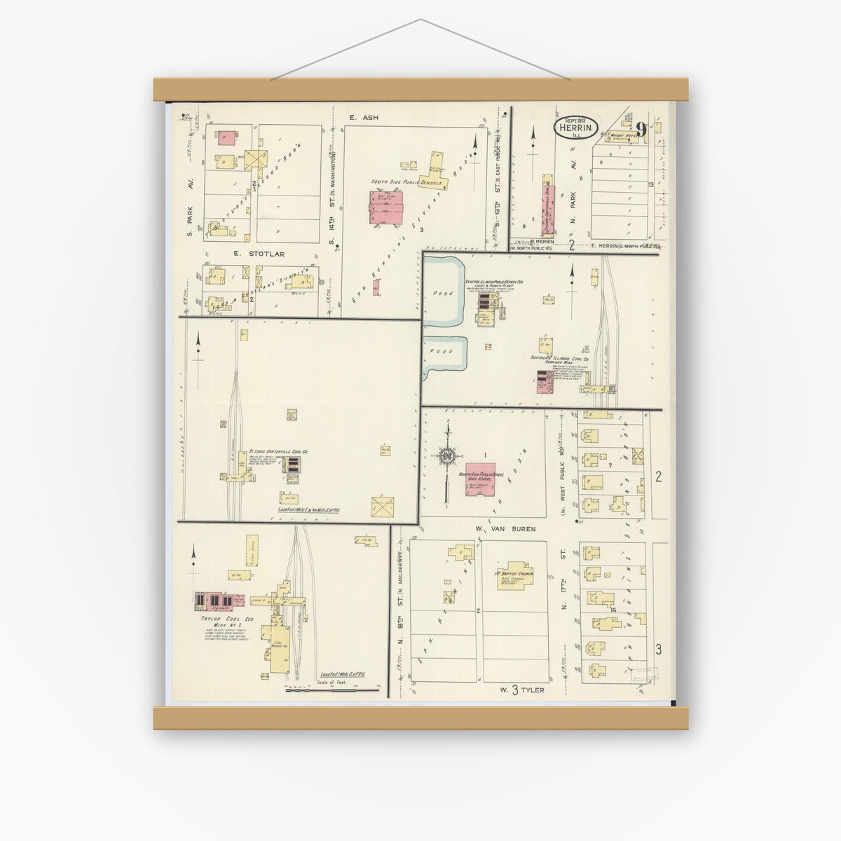 Old map wall art mockup — magnetic wood frame on white wall — Sanborn Fire Insurance Map from Herrin, Williamson County, Illinois (1913), Sheet #0009