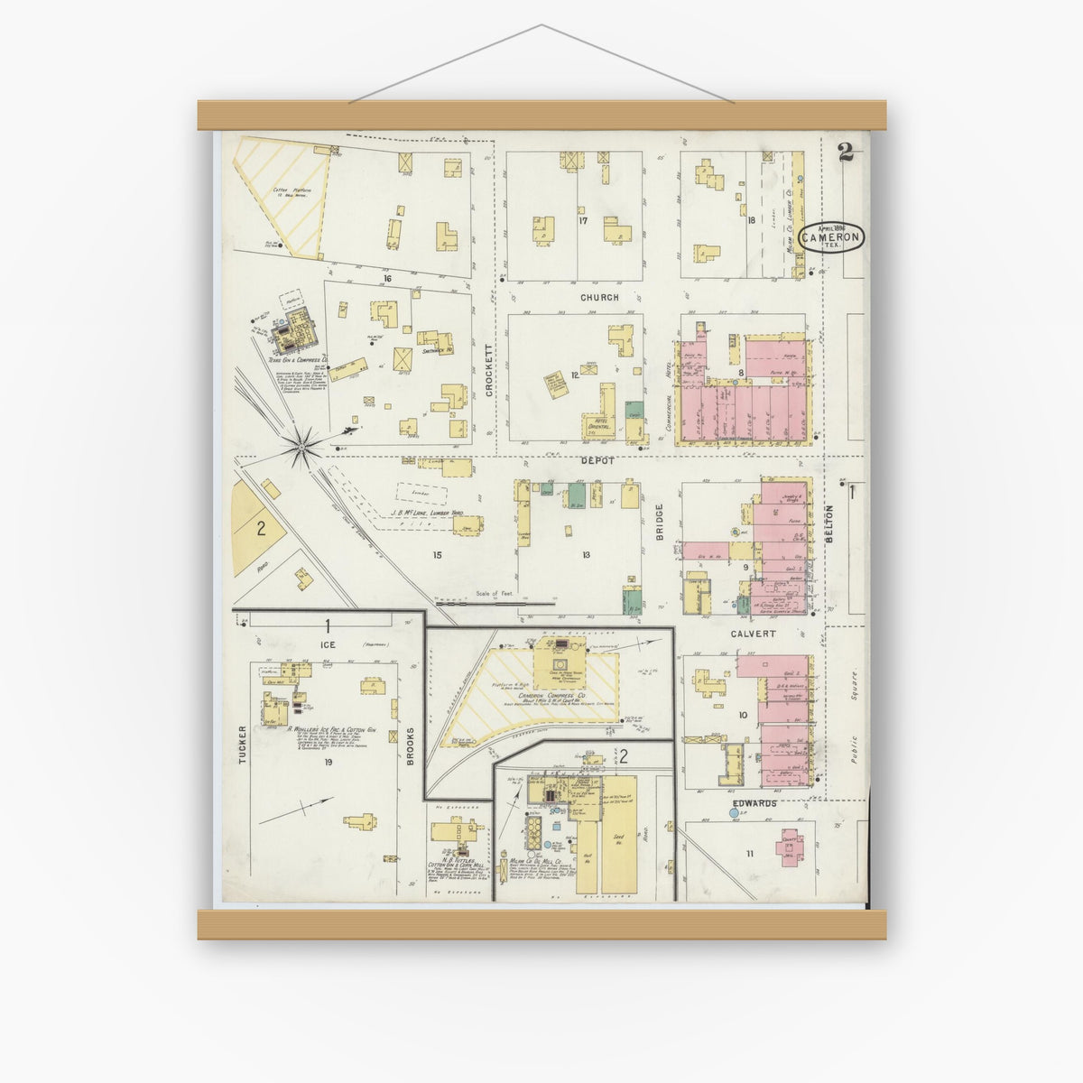Old map wall art mockup — magnetic wood frame on white wall — Sanborn Fire Insurance Map from Cameron, Milam County, Texas (1896), Sheet #0002