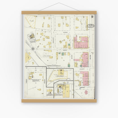 Old map wall art mockup — magnetic wood frame on white wall — Sanborn Fire Insurance Map from Cameron, Milam County, Texas (1896), Sheet #0002