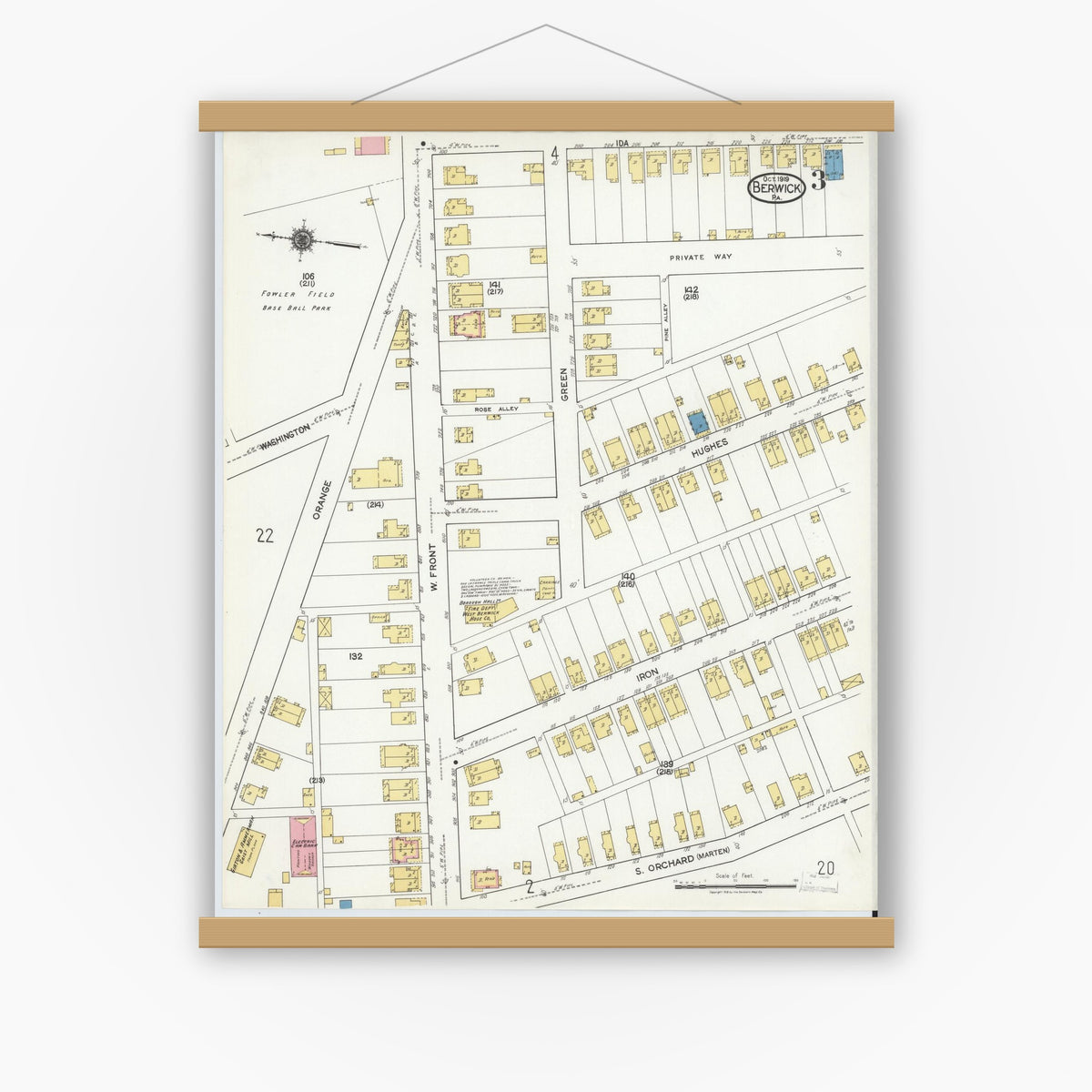 Old map wall art mockup — magnetic wood frame on white wall — Sanborn Fire Insurance Map from Berwick, Columbia County, Pennsylvania (1918), Sheet #0003