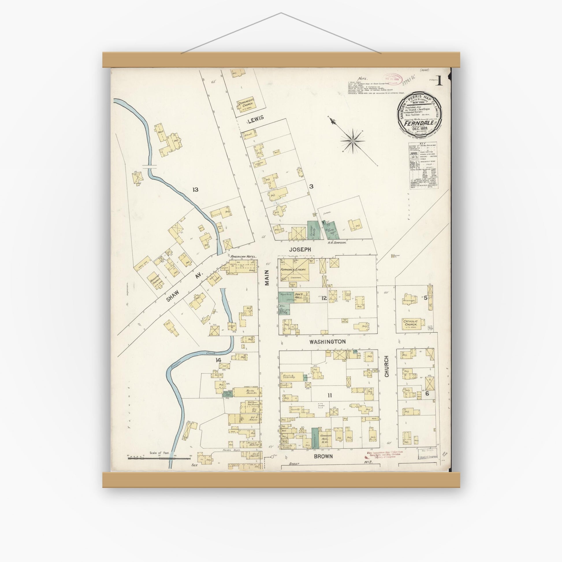 Old map wall art mockup — magnetic wood frame on white wall — Sanborn Fire Insurance Map from Ferndale, Humboldt County, California (1889) - Complete Map Set