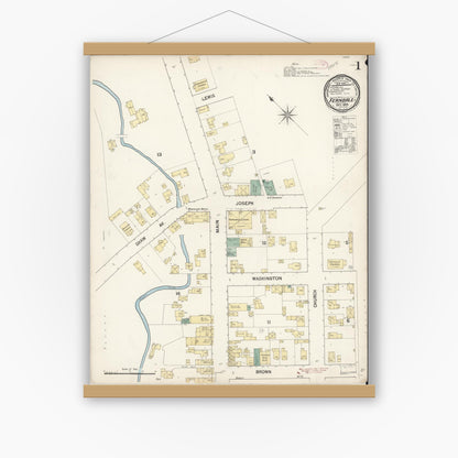 Old map wall art mockup — magnetic wood frame on white wall — Sanborn Fire Insurance Map from Ferndale, Humboldt County, California (1889) - Complete Map Set
