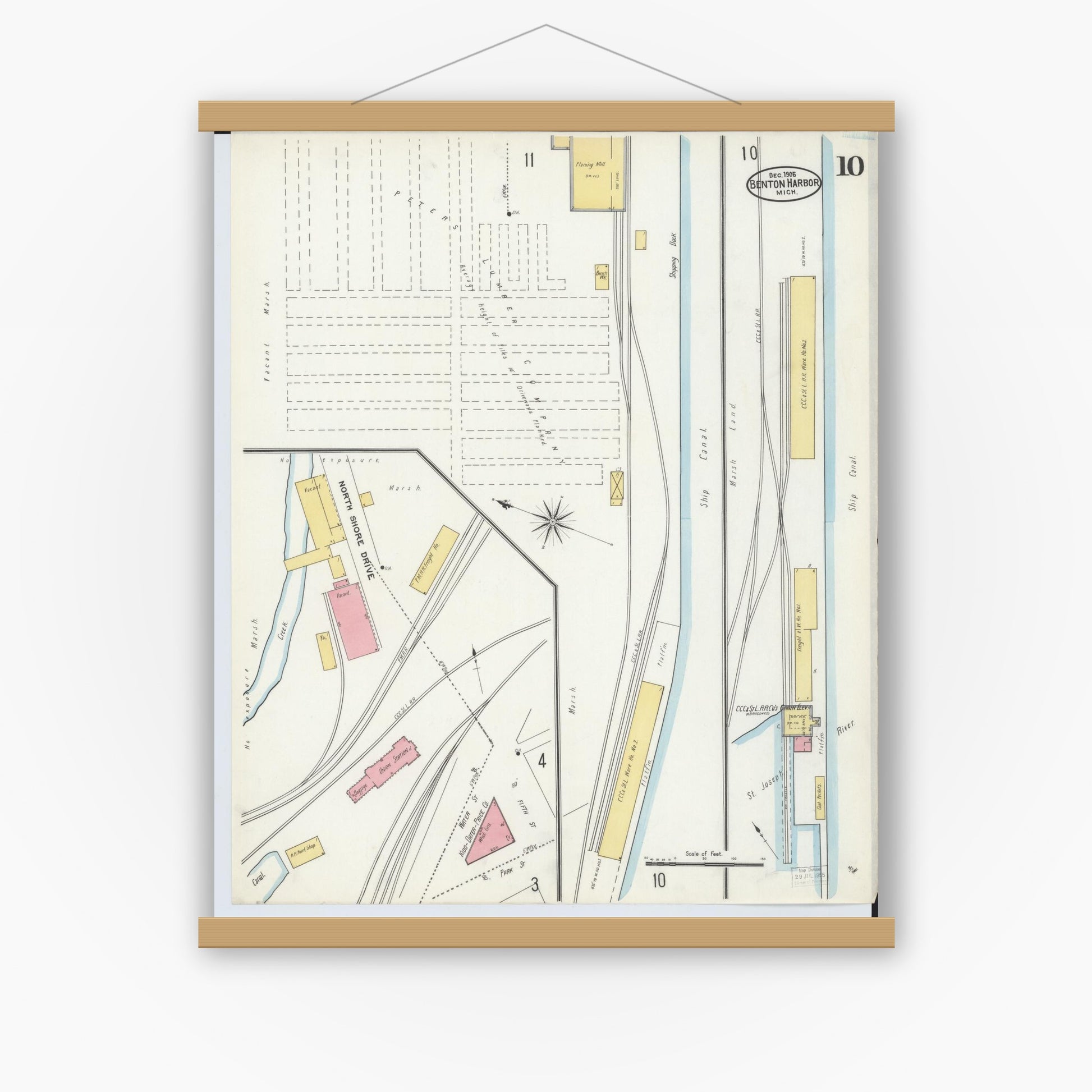 Old map wall art mockup — magnetic wood frame on white wall — Sanborn Fire Insurance Map from Benton Harbor, Berrien County, Michigan (1905), Sheet #0010