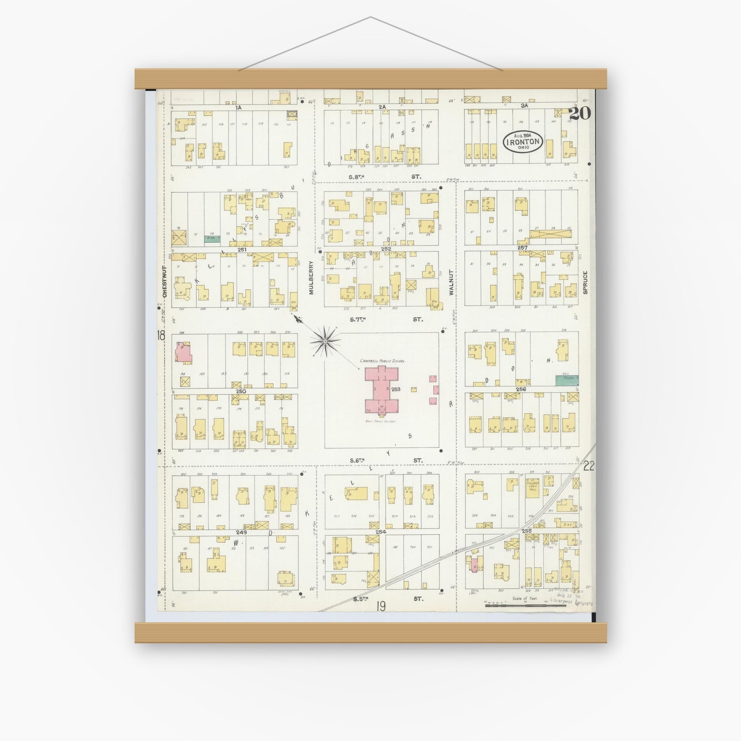 Old map wall art mockup — magnetic wood frame on white wall — Sanborn Fire Insurance Map from Ironton, Lawrence County, Ohio (1904), Sheet #0020