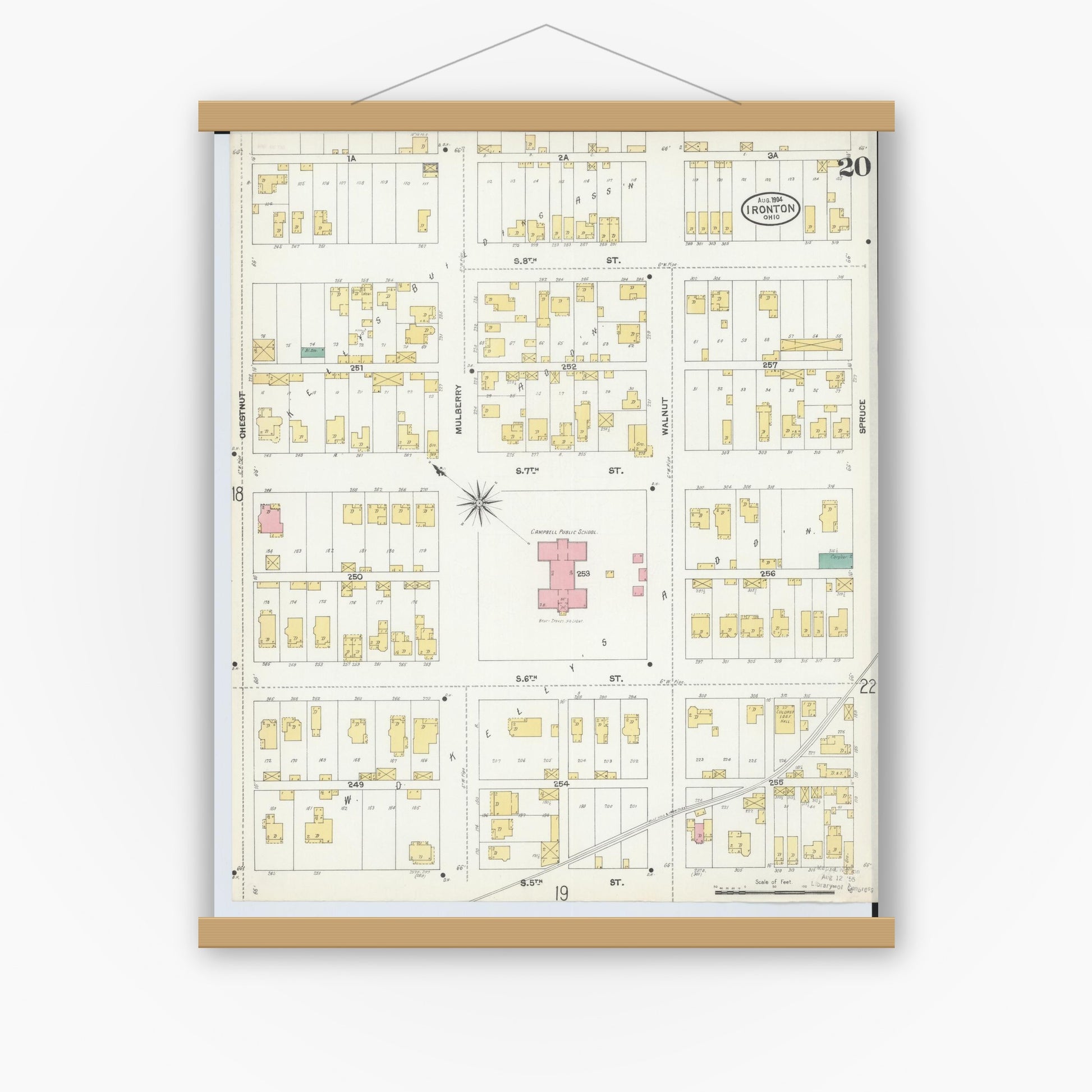 Old map wall art mockup — magnetic wood frame on white wall — Sanborn Fire Insurance Map from Ironton, Lawrence County, Ohio (1904), Sheet #0020