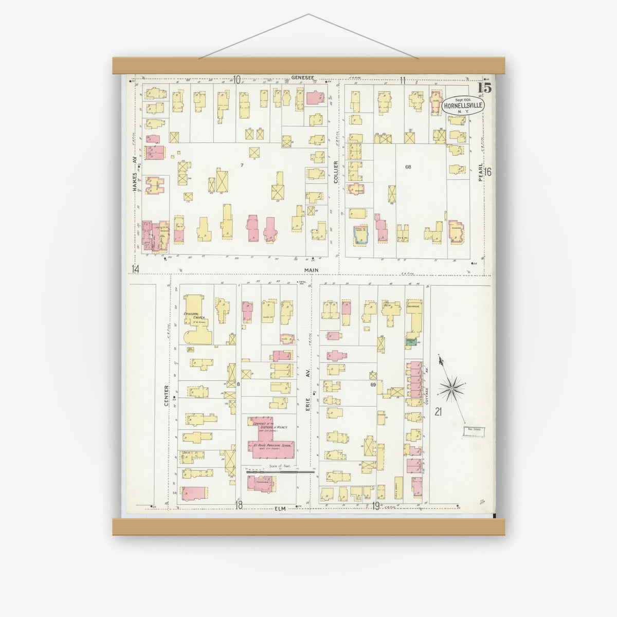 Old map wall art mockup — magnetic wood frame on white wall — Sanborn Fire Insurance Map from Hornell, Steuben County, New York (1904), Sheet #0015