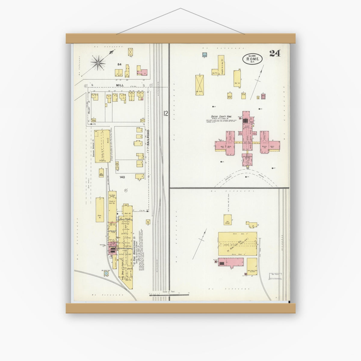 Old map wall art mockup — magnetic wood frame on white wall — Sanborn Fire Insurance Map from Rome, Oneida County, New York (1899), Sheet #0024