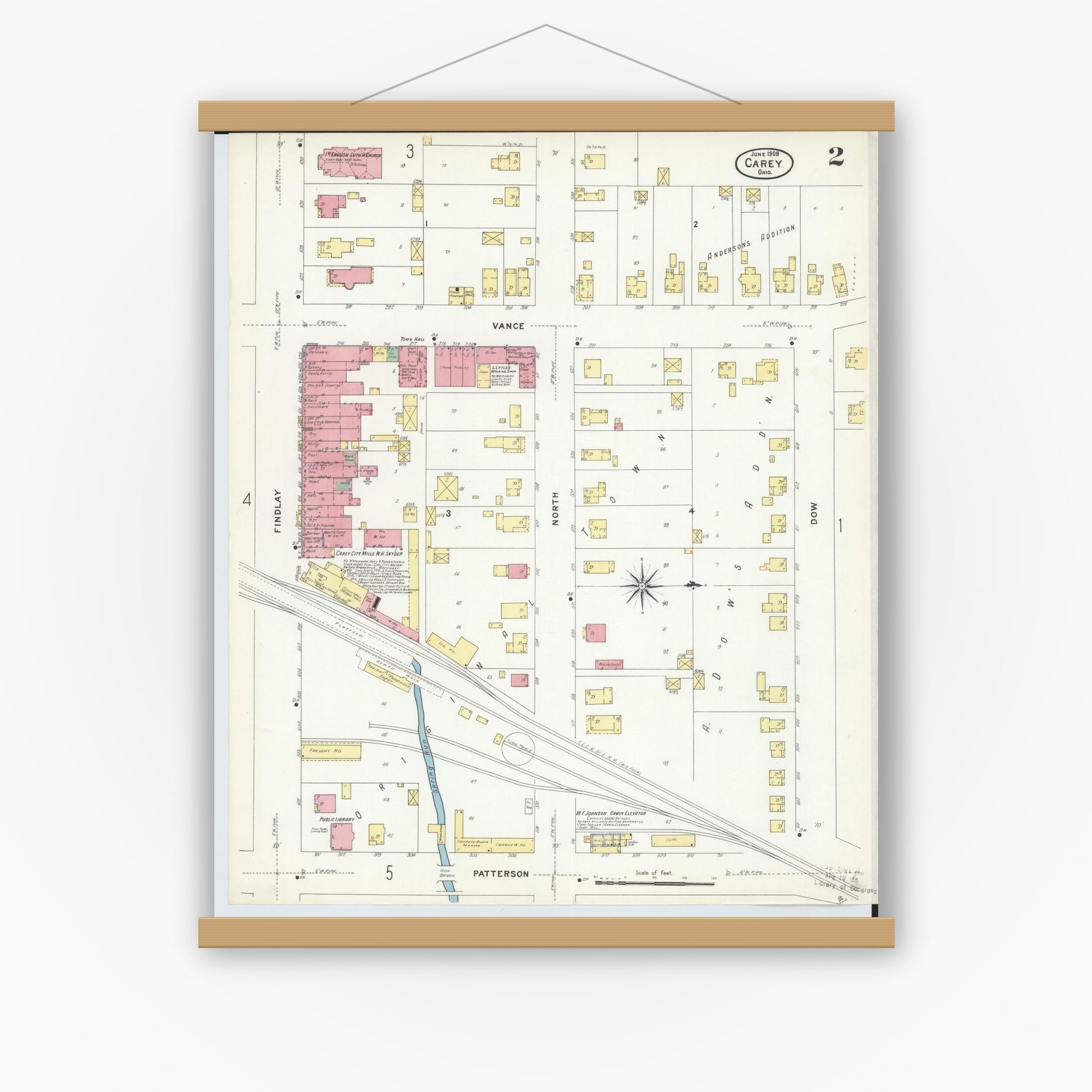 Old map wall art mockup — magnetic wood frame on white wall — Sanborn Fire Insurance Map from Carey, Wyandot County, Ohio (1908), Sheet #0002