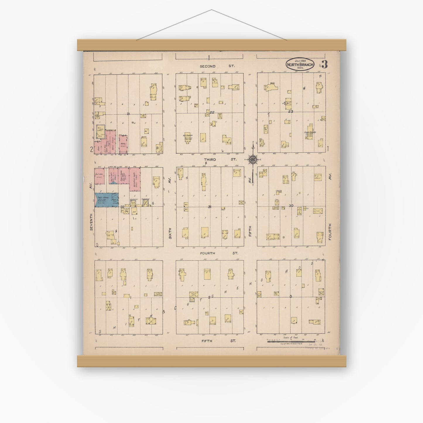 Old map wall art mockup — magnetic wood frame on white wall — Sanborn Fire Insurance Map from North Branch, Chisago County, Minnesota (1922), Sheet #0003