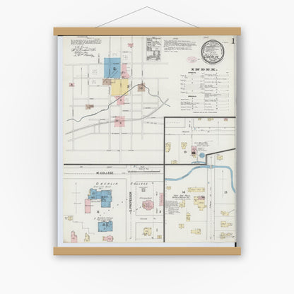 Old map wall art mockup — magnetic wood frame on white wall — Sanborn Fire Insurance Map from Oberlin, Lorain County, Ohio (1888), Sheet #0001
