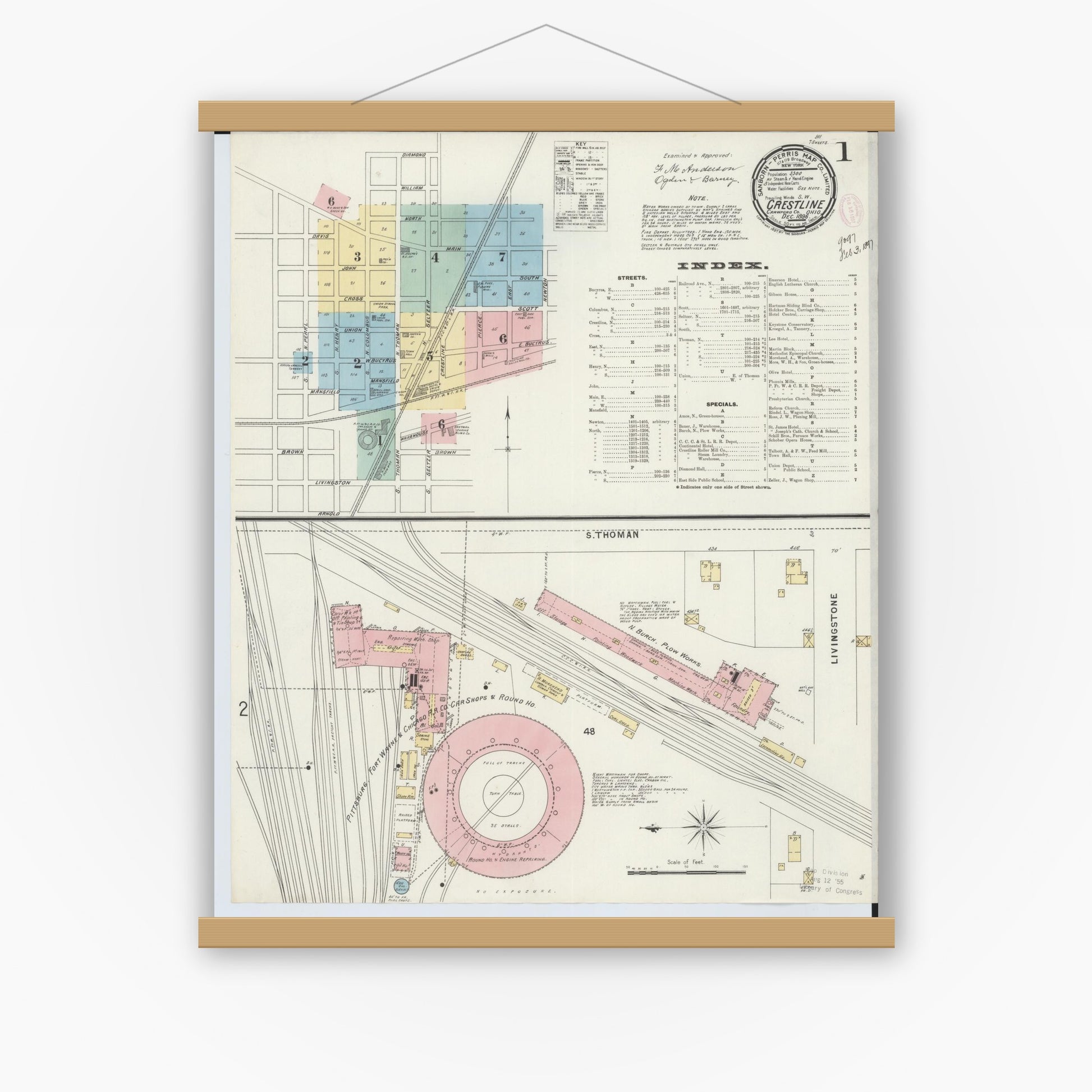Old map wall art mockup — magnetic wood frame on white wall — Sanborn Fire Insurance Map from Crestline, Crawford County, Ohio (1896), Sheet #0001