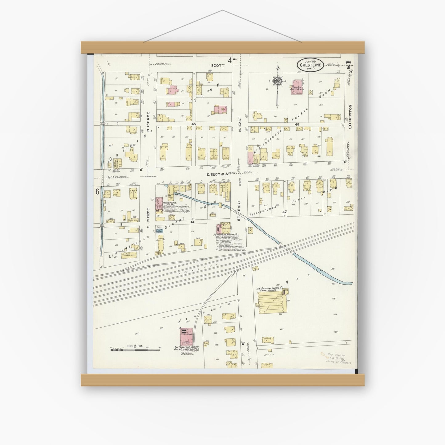 Old map wall art mockup — magnetic wood frame on white wall — Sanborn Fire Insurance Map from Crestline, Crawford County, Ohio (1910), Sheet #0007
