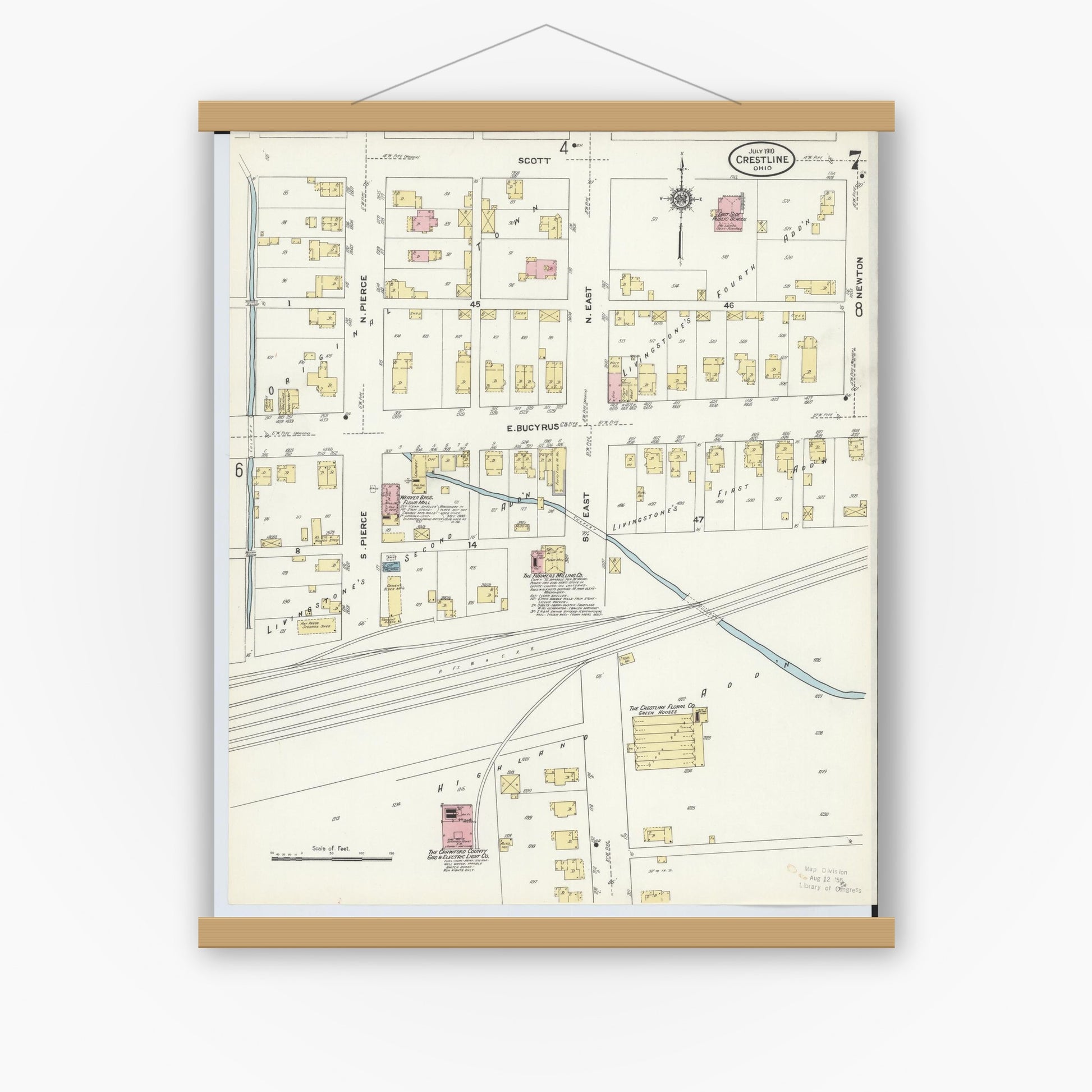 Old map wall art mockup — magnetic wood frame on white wall — Sanborn Fire Insurance Map from Crestline, Crawford County, Ohio (1910), Sheet #0007