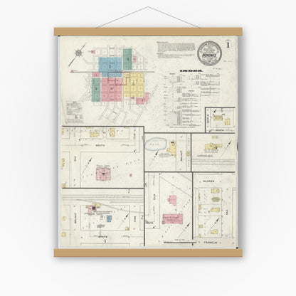 Old map wall art mockup — magnetic wood frame on white wall — Sanborn Fire Insurance Map from Nokomis, Montgomery County, Illinois (1912), Sheet #0001