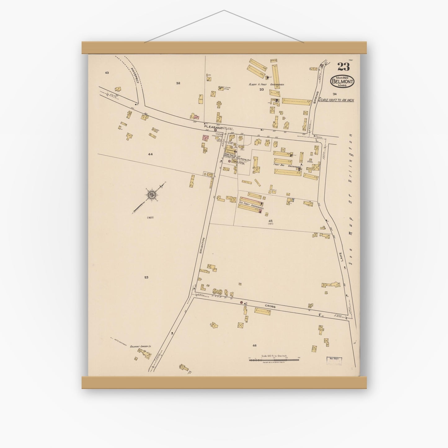 Old map wall art mockup — magnetic wood frame on white wall — Sanborn Fire Insurance Map from Belmont, Middlesex County, Massachusetts (1922), Sheet #0023