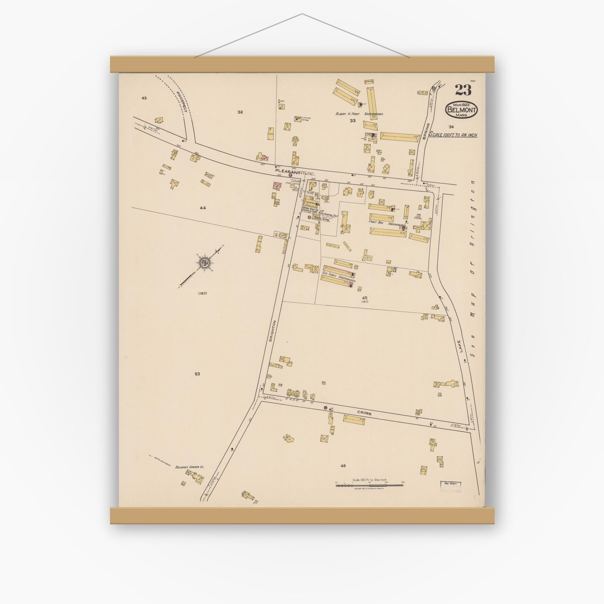 Old map wall art mockup — magnetic wood frame on white wall — Sanborn Fire Insurance Map from Belmont, Middlesex County, Massachusetts (1922), Sheet #0023
