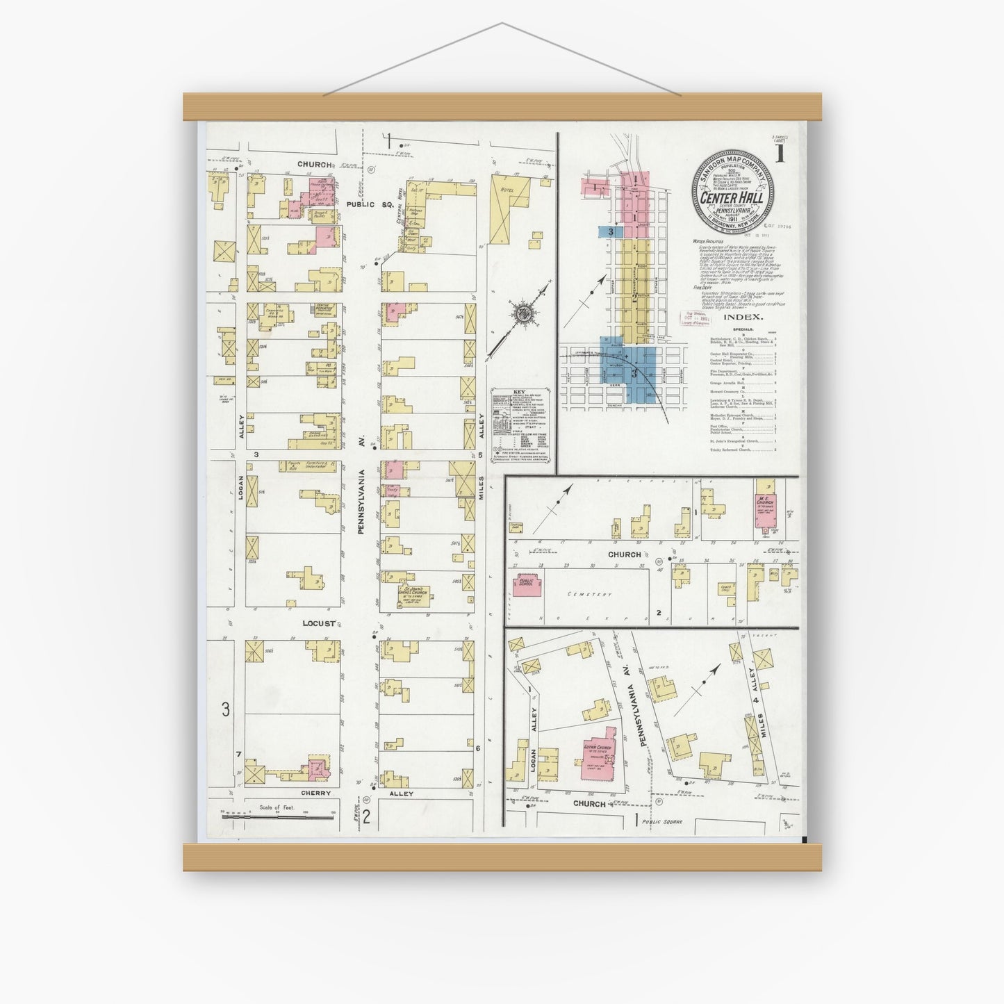 Old map wall art mockup — magnetic wood frame on white wall — Sanborn Fire Insurance Map from Center Hall, Centre County, Pennsylvania (1911) - Complete Map Set