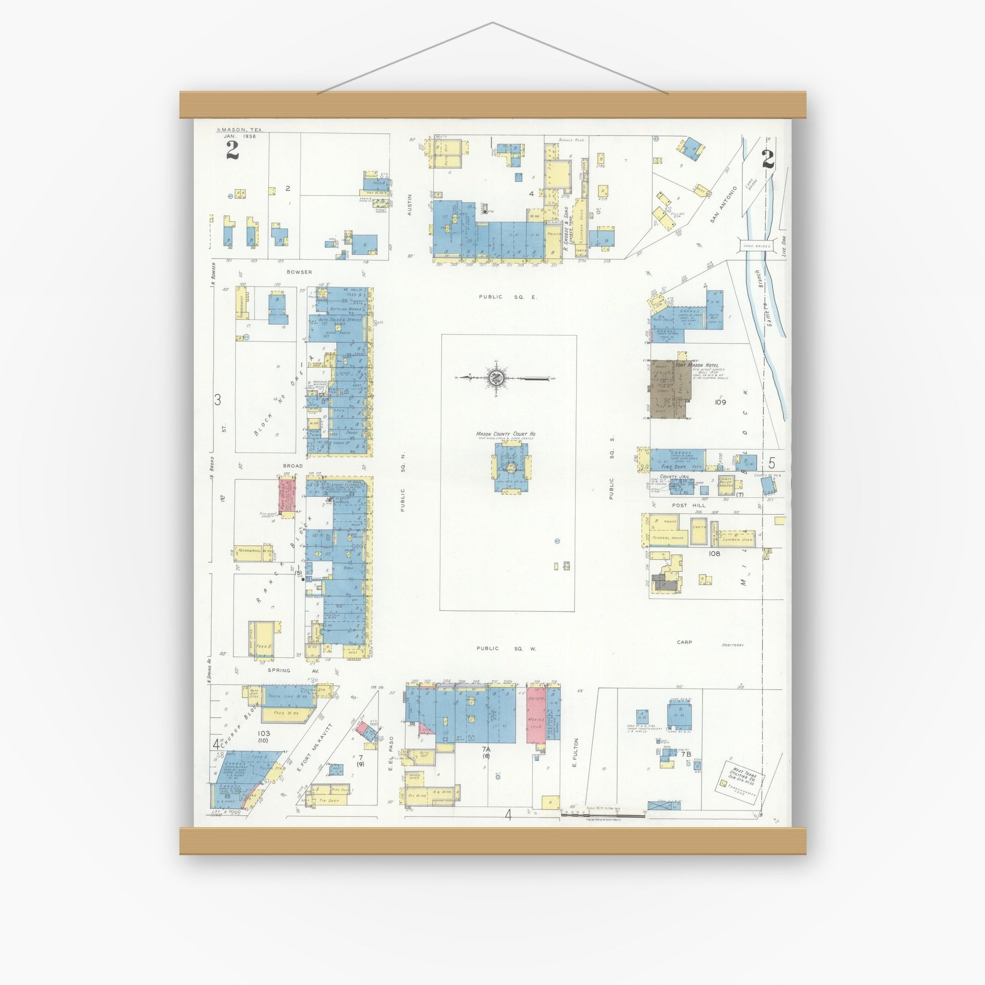 Old map wall art mockup — magnetic wood frame on white wall — Sanborn Fire Insurance Map from Mason, Mason County, Texas (1936), Sheet #0002