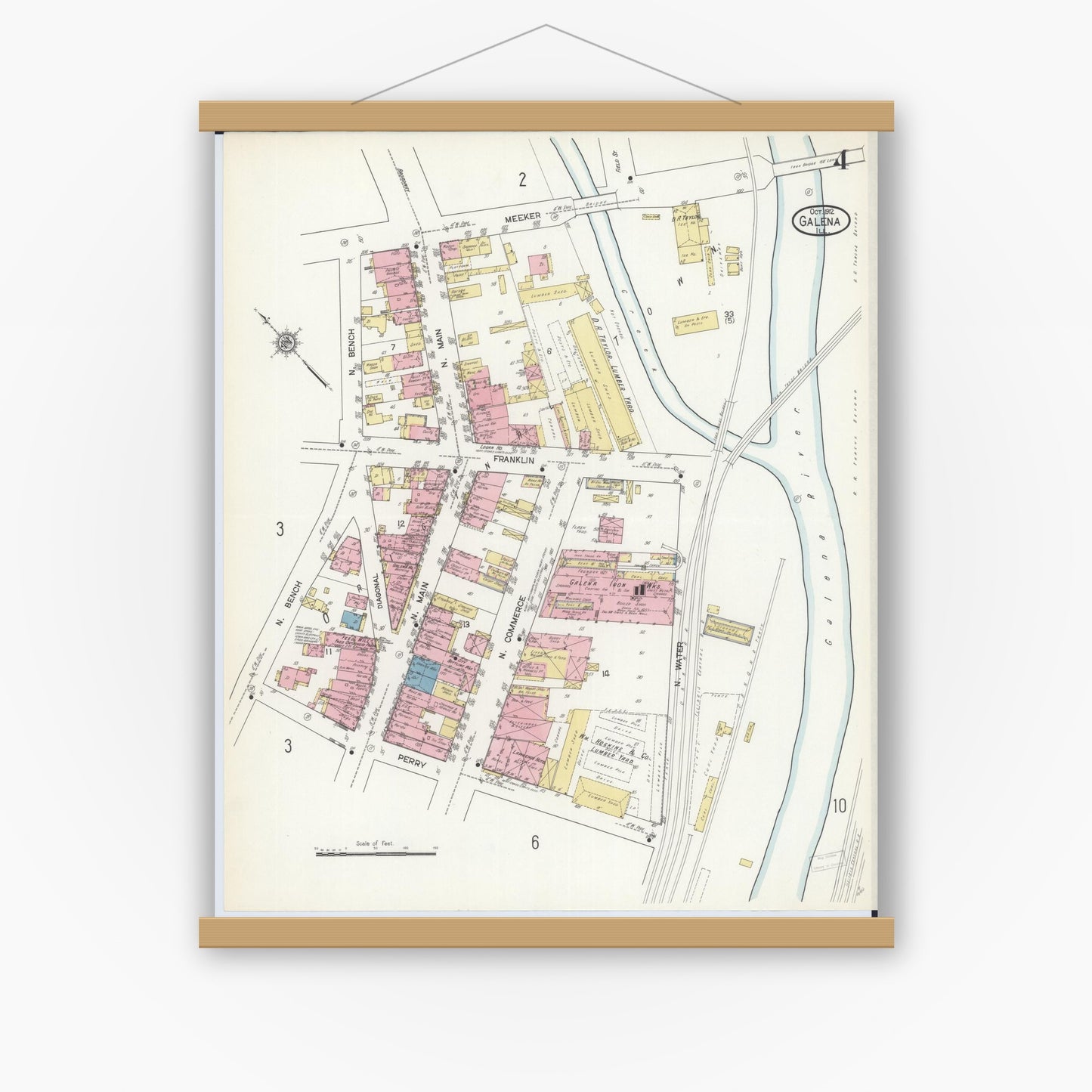 Old map wall art mockup — magnetic wood frame on white wall — Sanborn Fire Insurance Map from Galena, Jo Daviess County, Illinois (1912), Sheet #0004