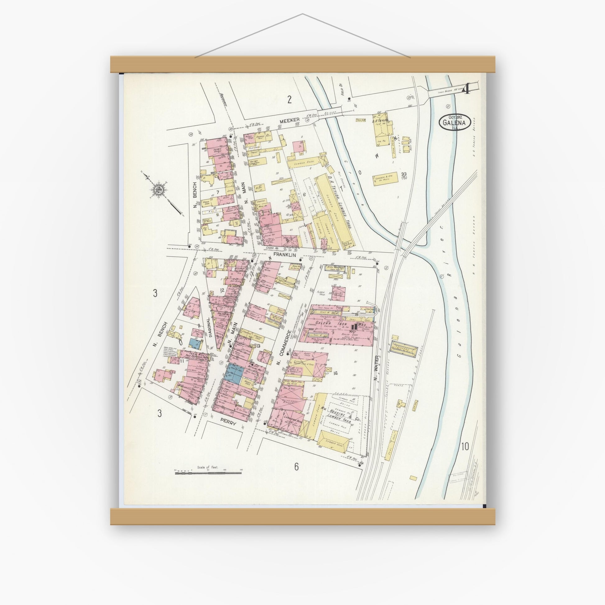 Old map wall art mockup — magnetic wood frame on white wall — Sanborn Fire Insurance Map from Galena, Jo Daviess County, Illinois (1912), Sheet #0004