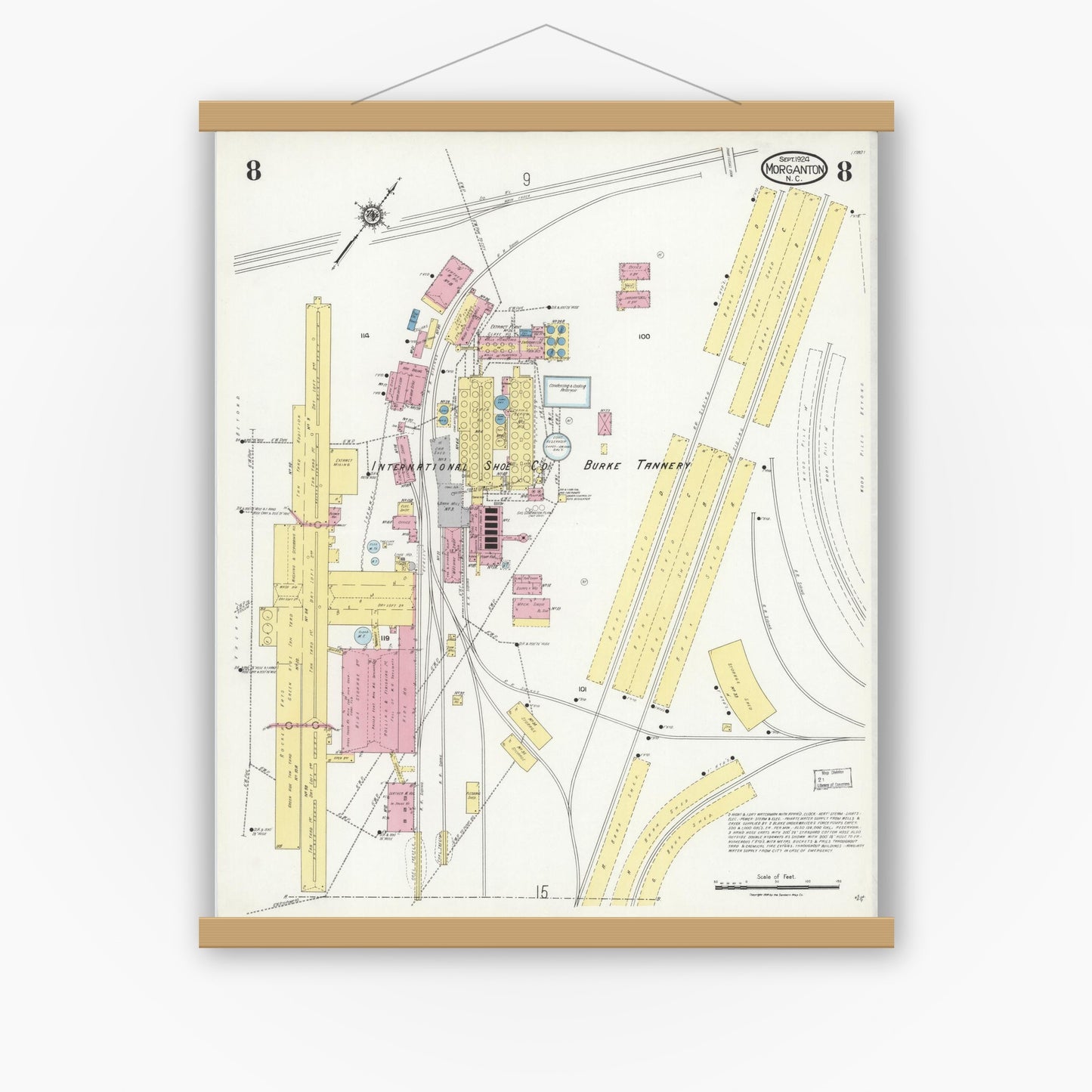 Old map wall art mockup — magnetic wood frame on white wall — Sanborn Fire Insurance Map from Morganton, Burke County, North Carolina (1924), Sheet #0008