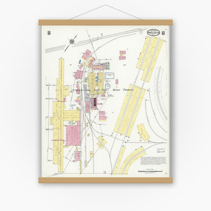 Old map wall art mockup — magnetic wood frame on white wall — Sanborn Fire Insurance Map from Morganton, Burke County, North Carolina (1924), Sheet #0008