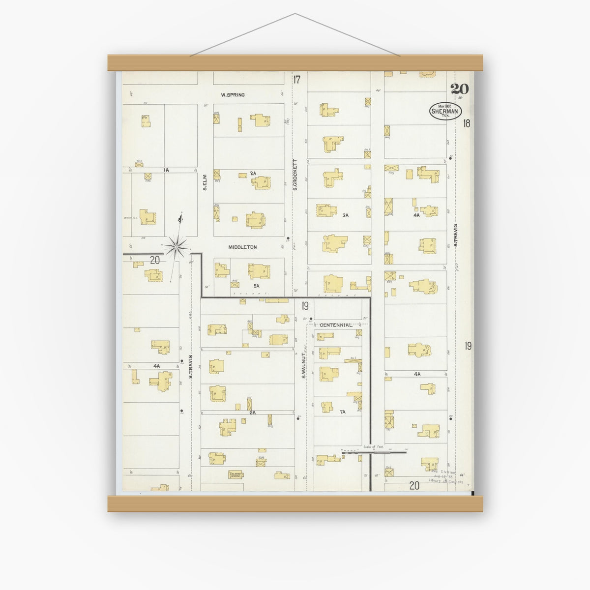Old map wall art mockup — magnetic wood frame on white wall — Sanborn Fire Insurance Map from Sherman, Grayson County, Texas (1902), Sheet #0020