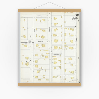 Old map wall art mockup — magnetic wood frame on white wall — Sanborn Fire Insurance Map from Sherman, Grayson County, Texas (1902), Sheet #0020