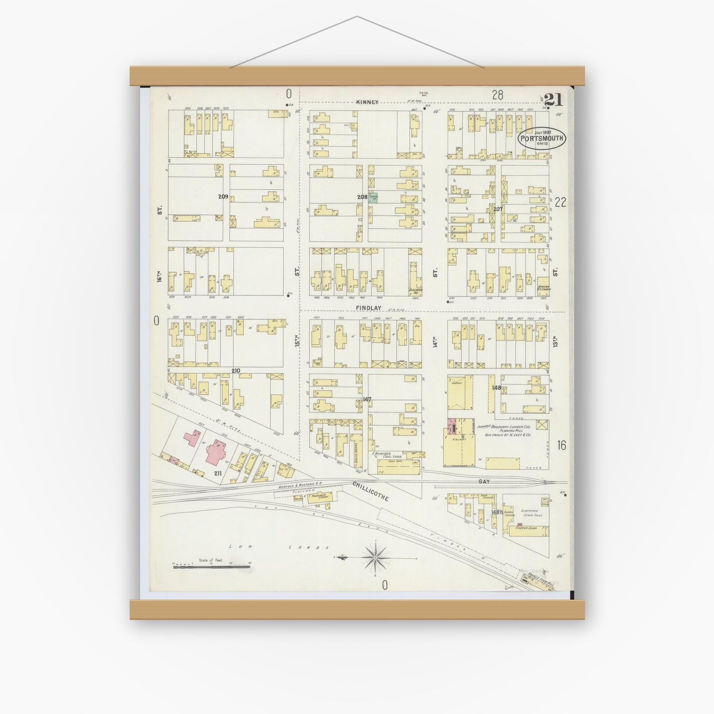 Old map wall art mockup — magnetic wood frame on white wall — Sanborn Fire Insurance Map from Portsmouth, Scioto County, Ohio (1897), Sheet #0021