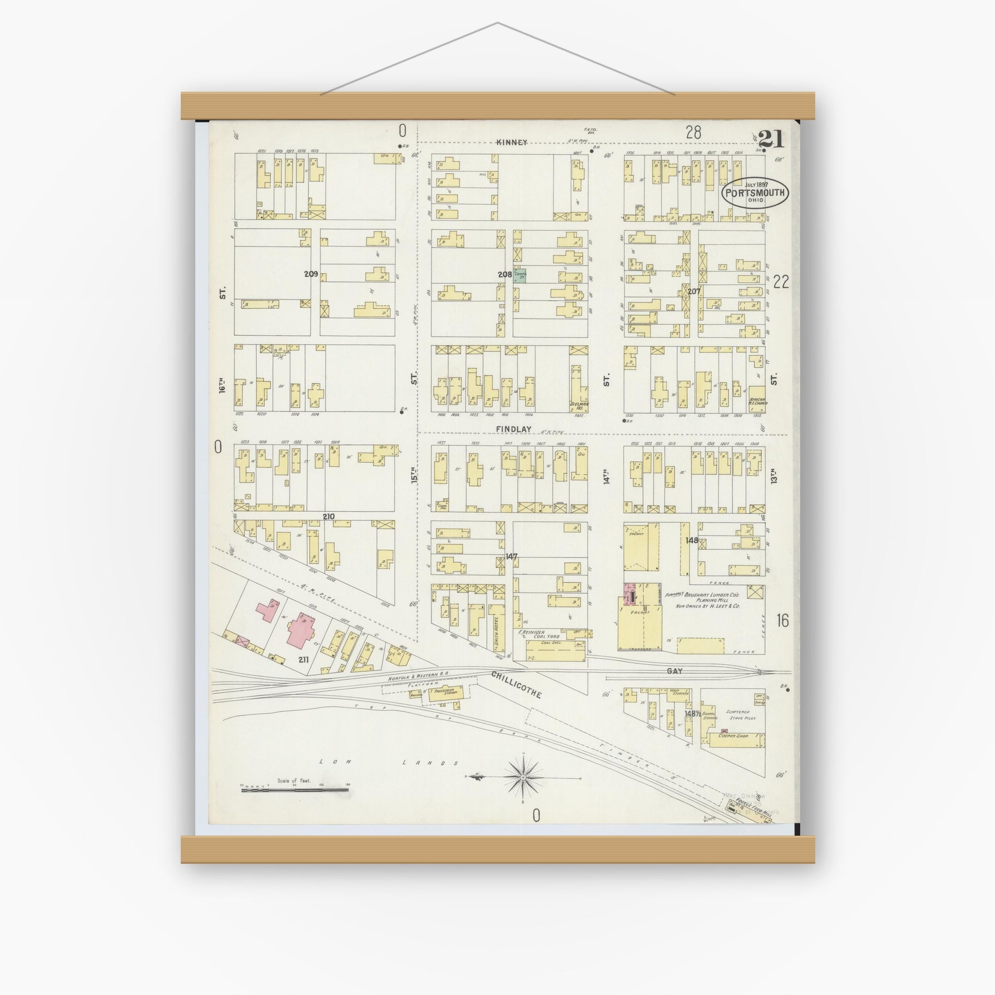 Old map wall art mockup — magnetic wood frame on white wall — Sanborn Fire Insurance Map from Portsmouth, Scioto County, Ohio (1897), Sheet #0021