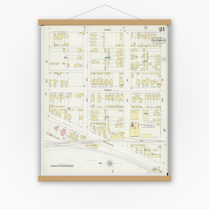 Old map wall art mockup — magnetic wood frame on white wall — Sanborn Fire Insurance Map from Portsmouth, Scioto County, Ohio (1897), Sheet #0021