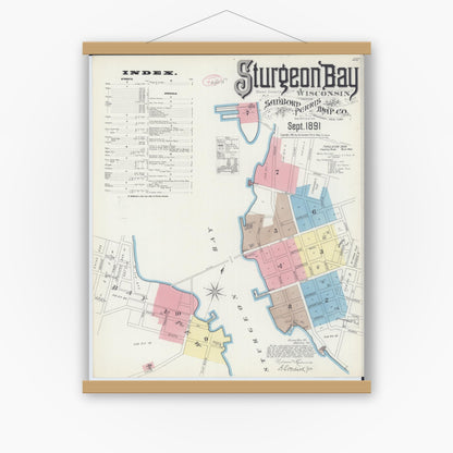 Old map wall art mockup — magnetic wood frame on white wall — Sanborn Fire Insurance Map from Sturgeon Bay, Door County, Wisconsin (1891) - Complete Map Set
