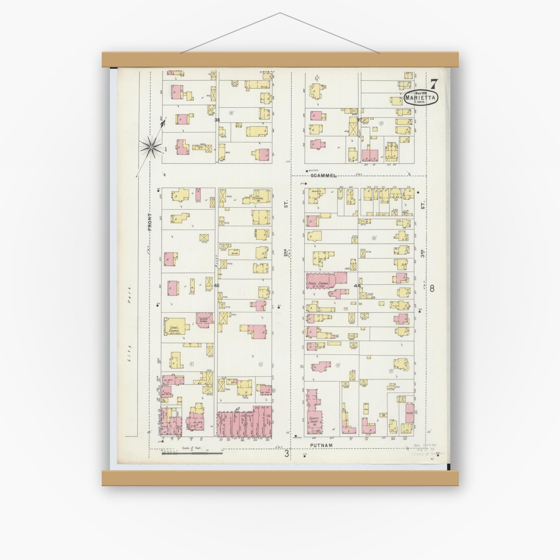 Old map wall art mockup — magnetic wood frame on white wall — Sanborn Fire Insurance Map from Marietta, Washington County, Ohio (1896), Sheet #0007