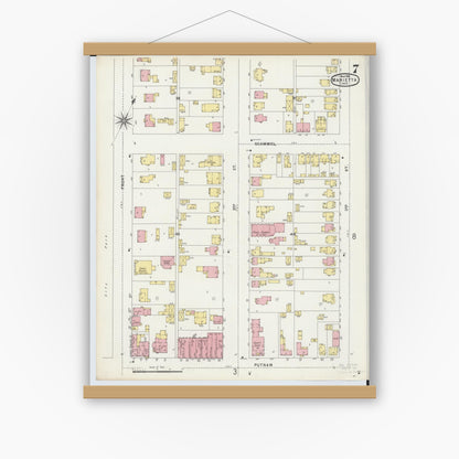 Old map wall art mockup — magnetic wood frame on white wall — Sanborn Fire Insurance Map from Marietta, Washington County, Ohio (1896), Sheet #0007