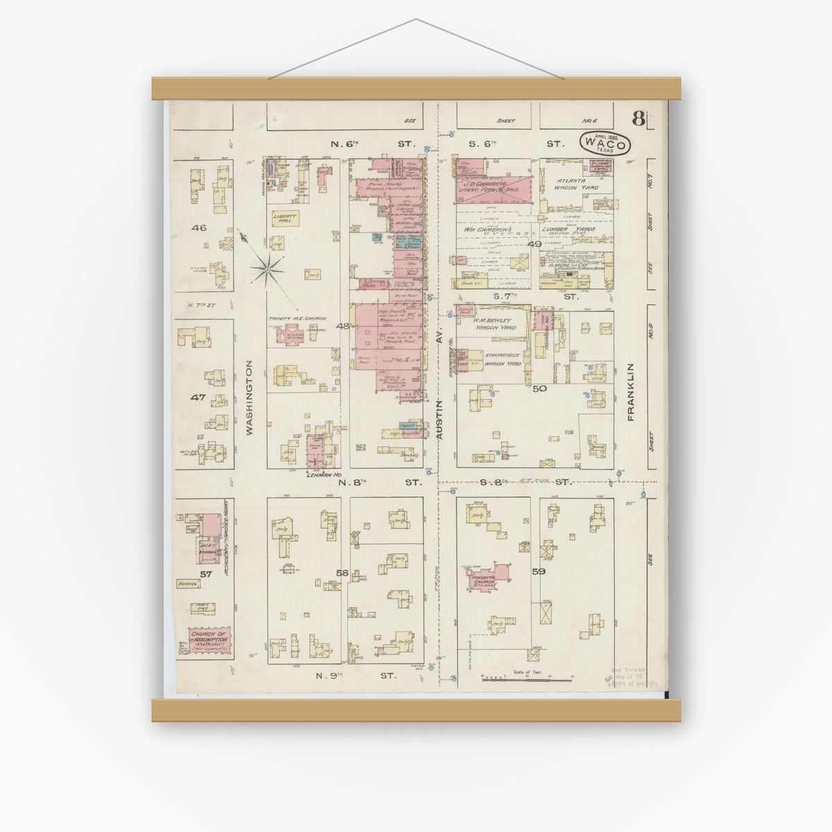 Old map wall art mockup — magnetic wood frame on white wall — Sanborn Fire Insurance Map from Waco, McLennan County, Texas (1885), Sheet #0008