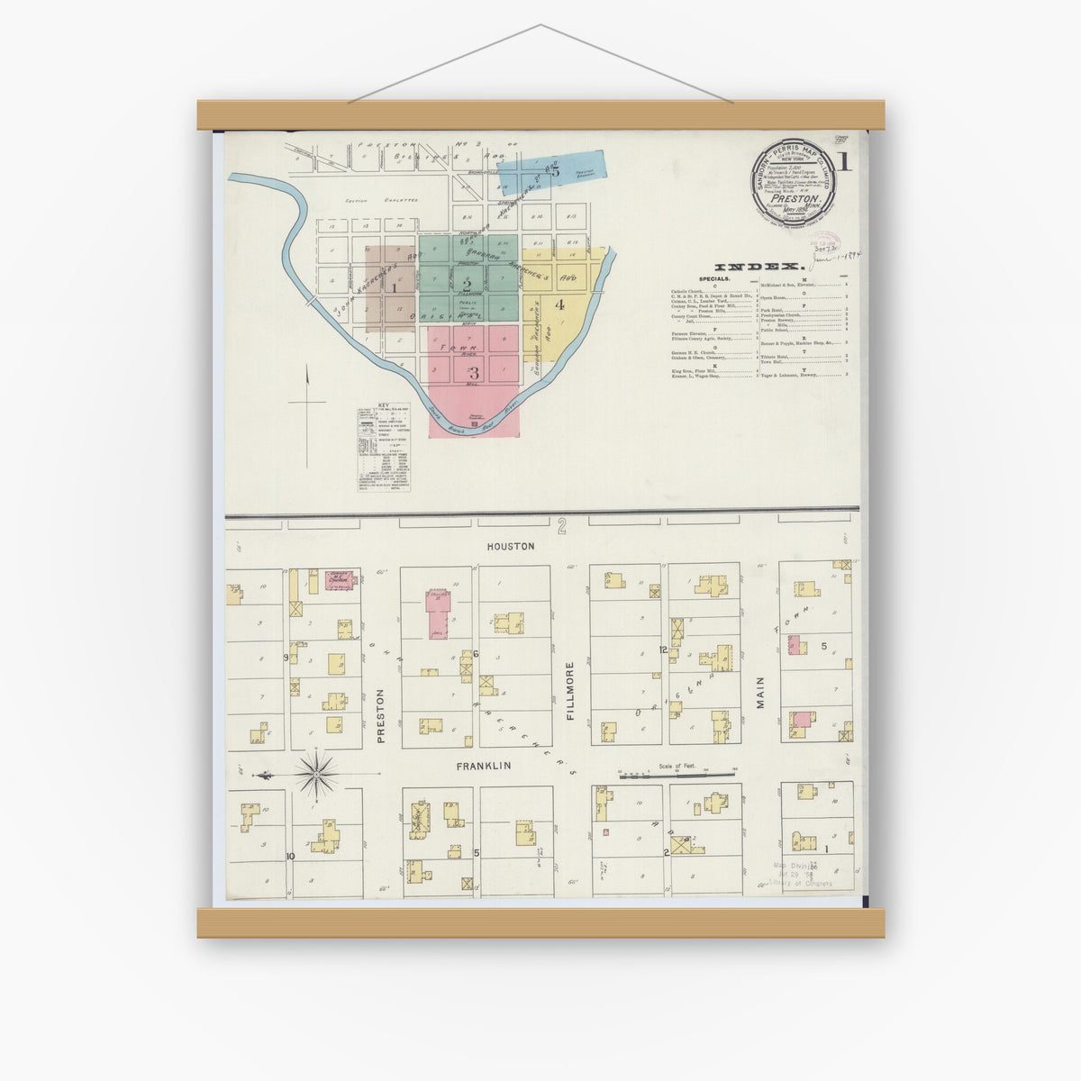 Old map wall art mockup — magnetic wood frame on white wall — Sanborn Fire Insurance Map from Preston, Fillmore County, Minnesota (1894) - Complete Map Set