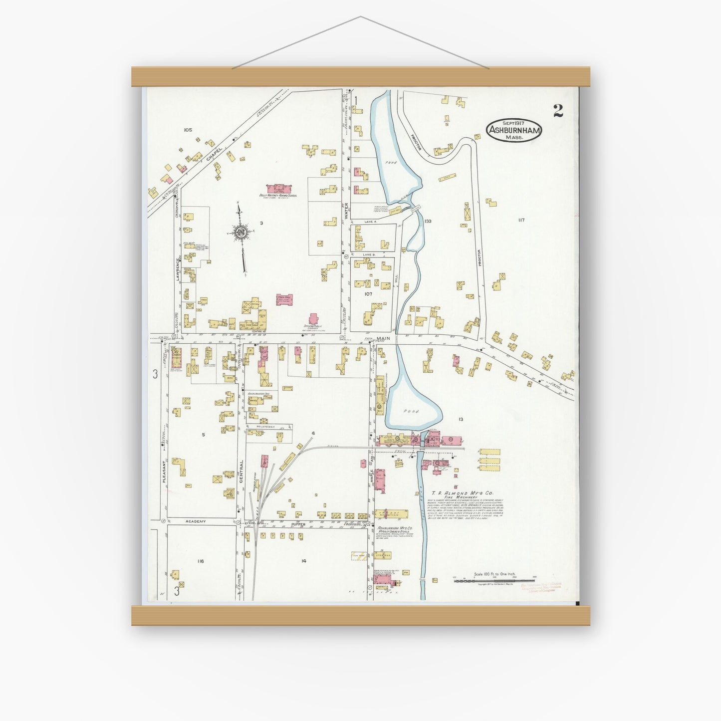 Old map wall art mockup — magnetic wood frame on white wall — Sanborn Fire Insurance Map from Ashburnham, Worcester County, Massachusetts (1917), Sheet #0002
