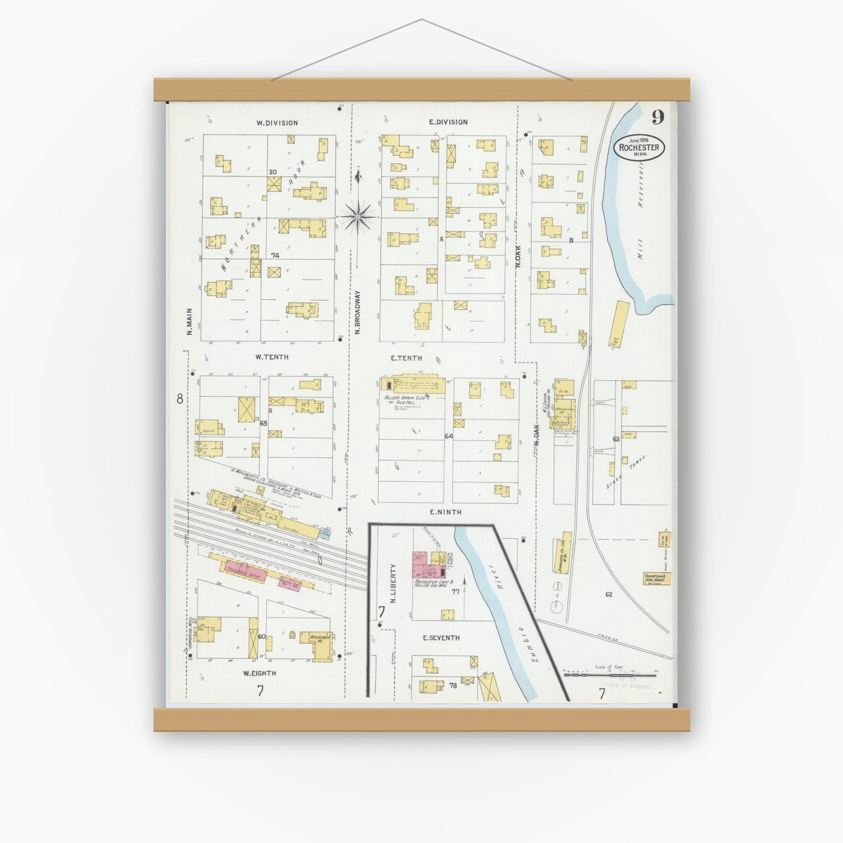 Old map wall art mockup — magnetic wood frame on white wall — Sanborn Fire Insurance Map from Rochester, Olmsted County, Minnesota (1899), Sheet #0009