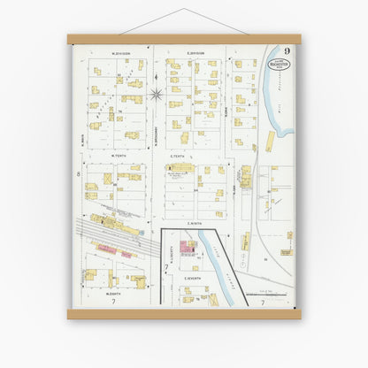 Old map wall art mockup — magnetic wood frame on white wall — Sanborn Fire Insurance Map from Rochester, Olmsted County, Minnesota (1899), Sheet #0009